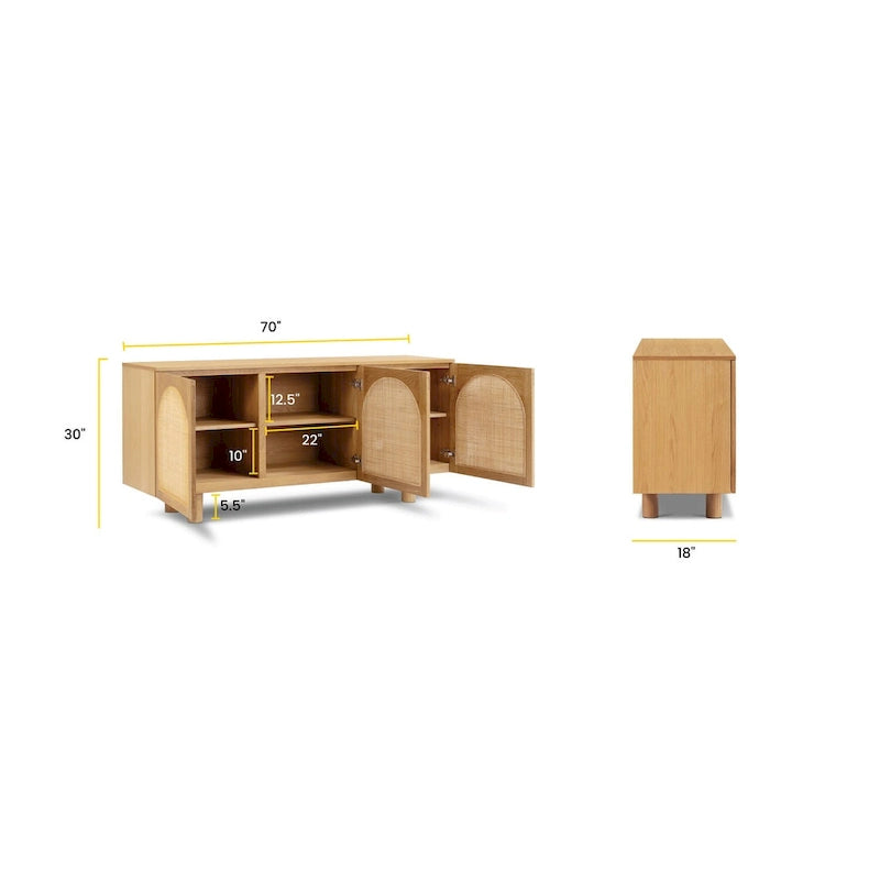 70" Oak Wood Sideboard with Cane Webbing Doors