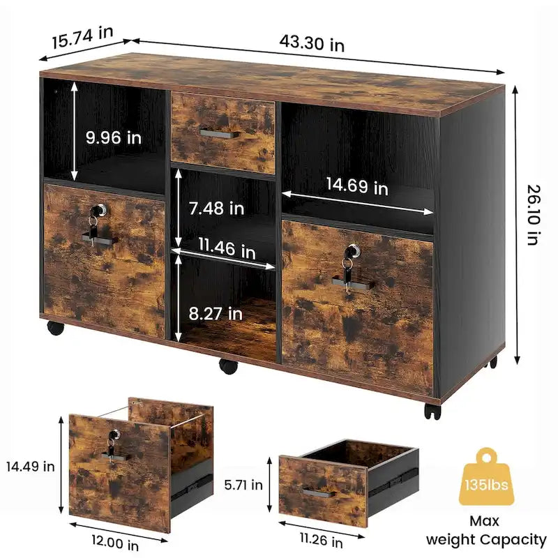 3-Drawer Wood File Cabinet with Lock