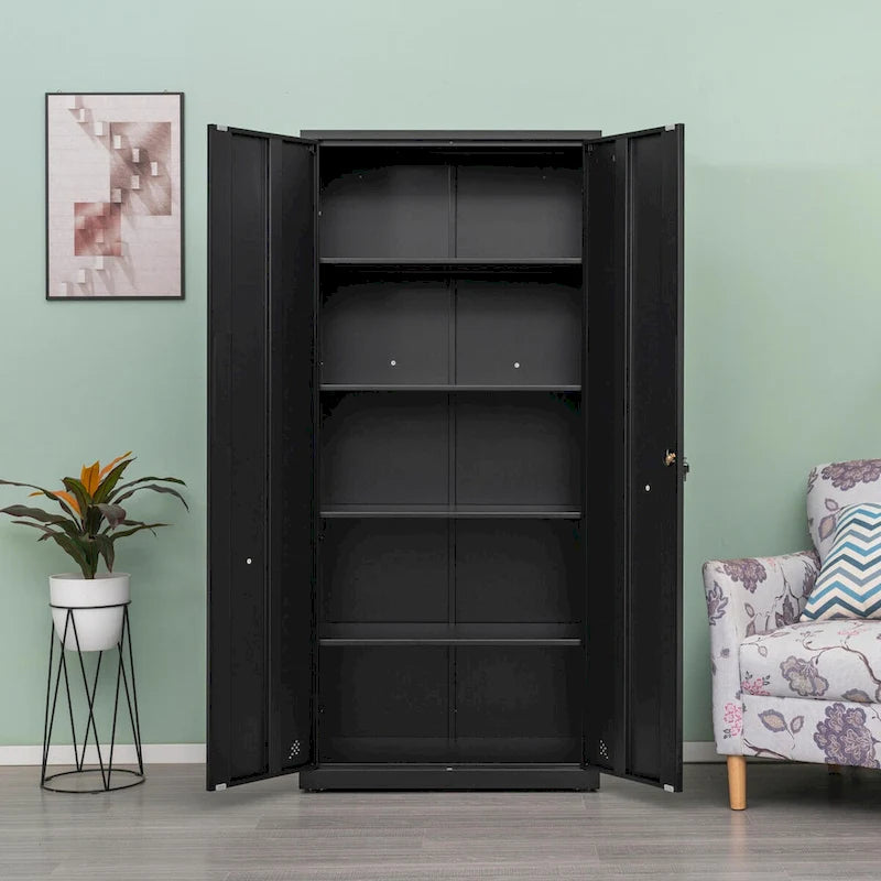 High Storage Cabinet with 2 Doors and 4 Partitions for 5 Separate Storage Spaces