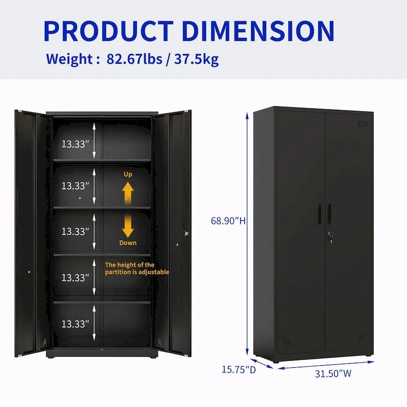 High Storage Cabinet with 2 Doors and 4 Partitions for 5 Separate Storage Spaces