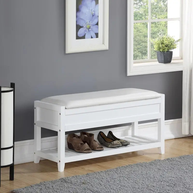 Faux Leather Seating Wood Bench with Shoe Storage