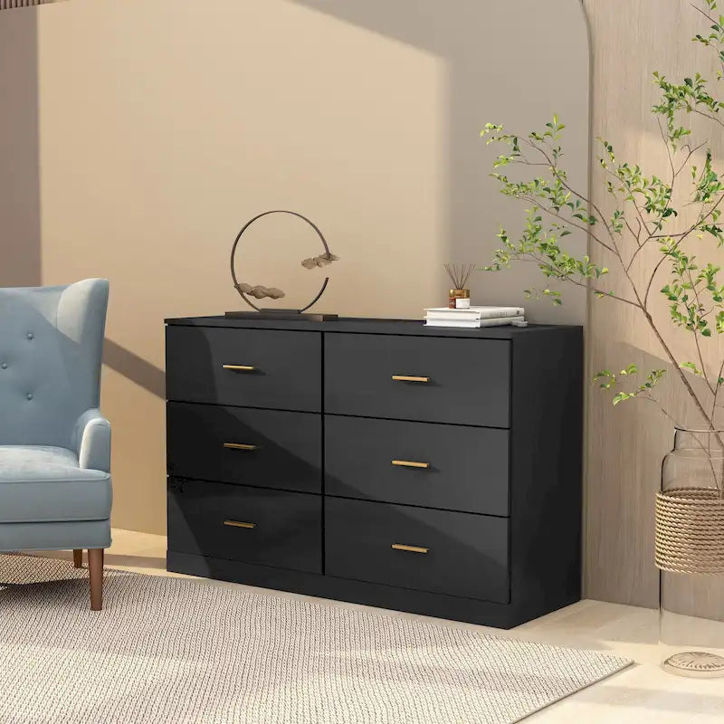 Modern Black 6-Drawer Dresser for Bedroom - Ample Storage Wide Chest of Drawers, Sturdy & Safe