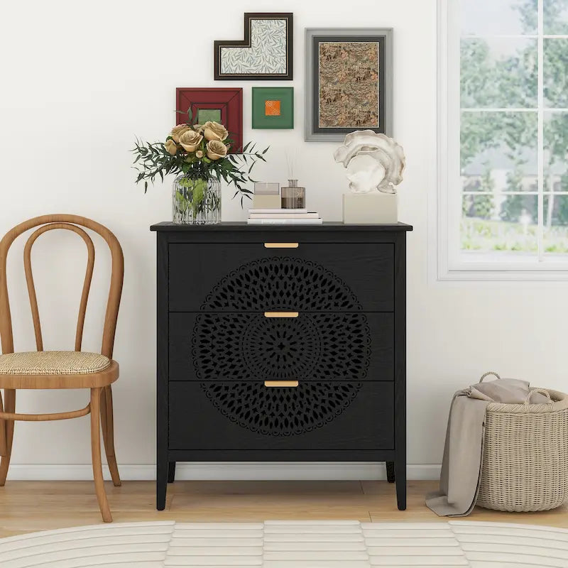 3 Drawer Cabinet with Hollow-Carved