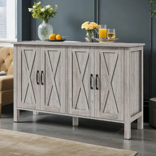 47 Sideboard with 4 Barn Doors and 2 Adjustable Shelves, Farmhouse Coffee Bar Cabinet, Gray Wood Grain