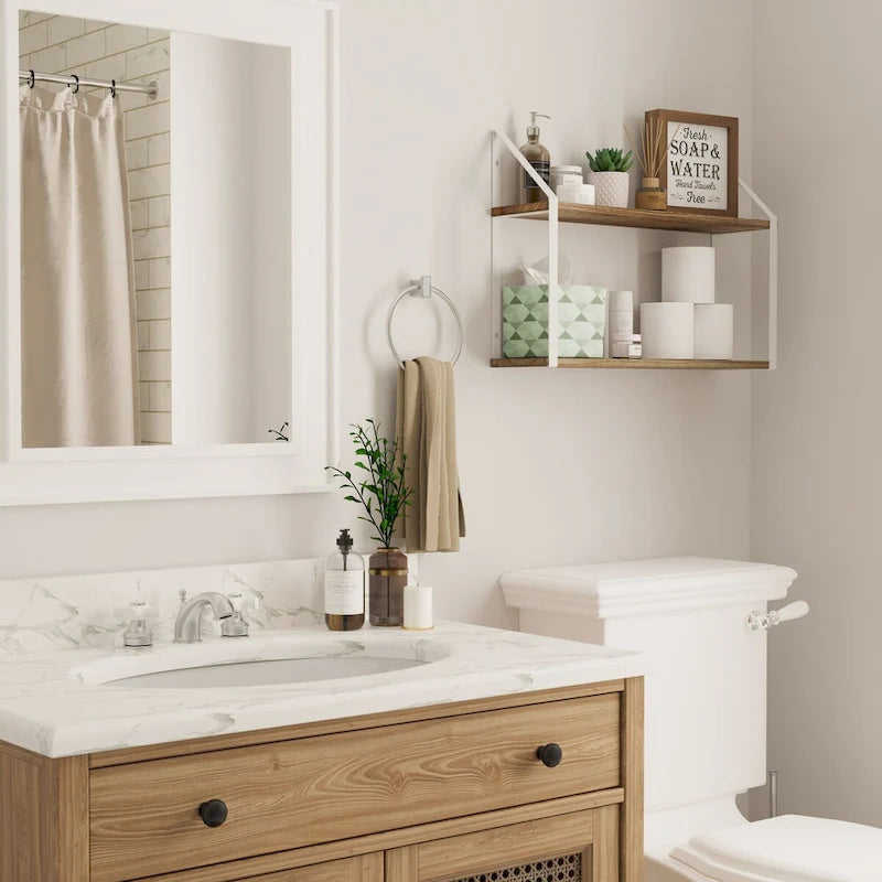 2 Tier Shelves with White Brackets, Bathroom Wall Decor, 24x6, Burnt