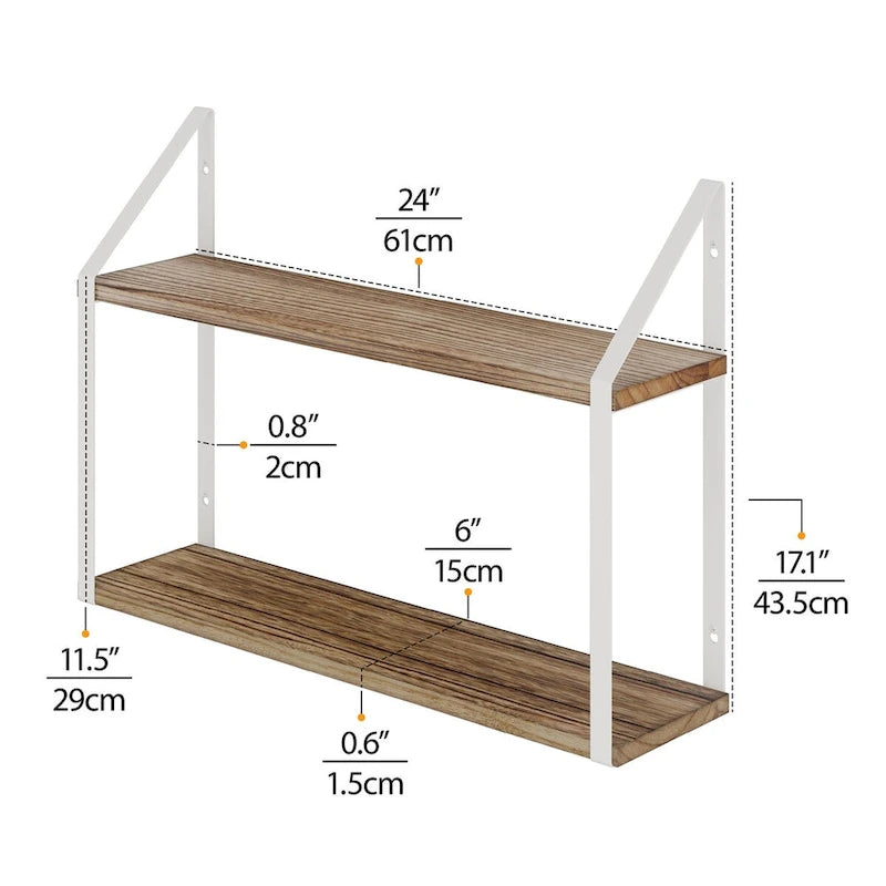 2 Tier Shelves with White Brackets, Bathroom Wall Decor, 24x6, Burnt