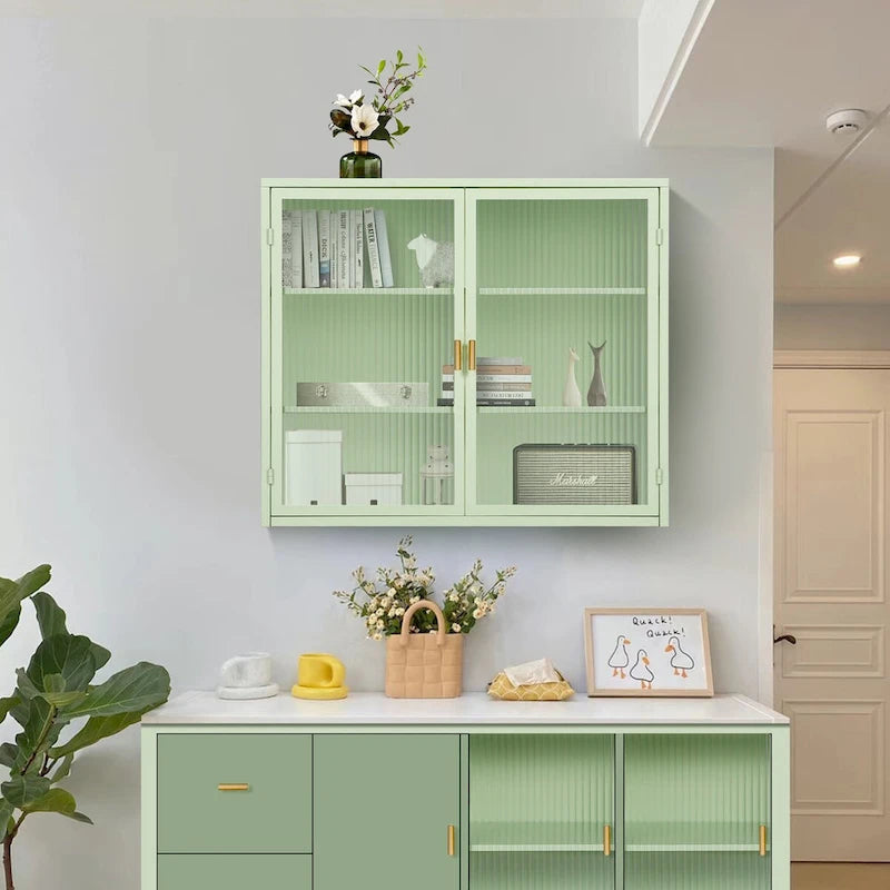 Roomfitters 27.56 Modern Glass Door Wall Cabinet with Three-Tier Storage for Entryway, Living Room, Bathroom
