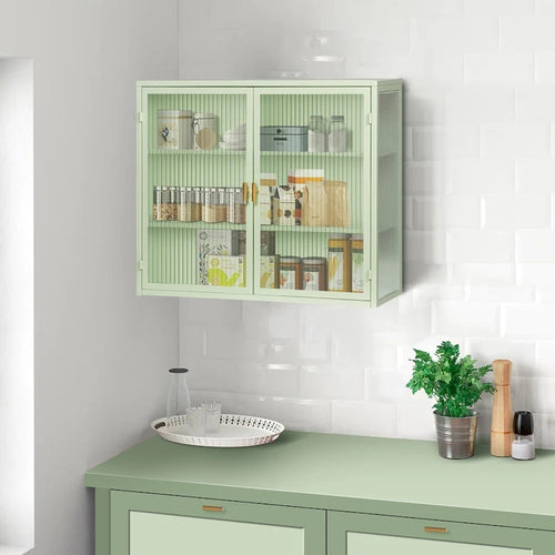 27.56 Modern Glass Door Wall Cabinet with Three-Tier Storage for Entryway, Living Room, Bathroom