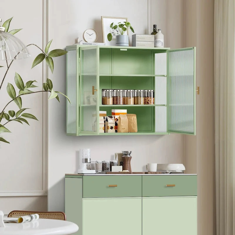 27.56 Modern Glass Door Wall Cabinet with Three-Tier Storage for Entryway, Living Room, Bathroom
